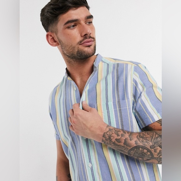 ASOS DESIGN regular fit grandad collar oxford stripe shirt in pastel colours - S - Picture 2 of 12